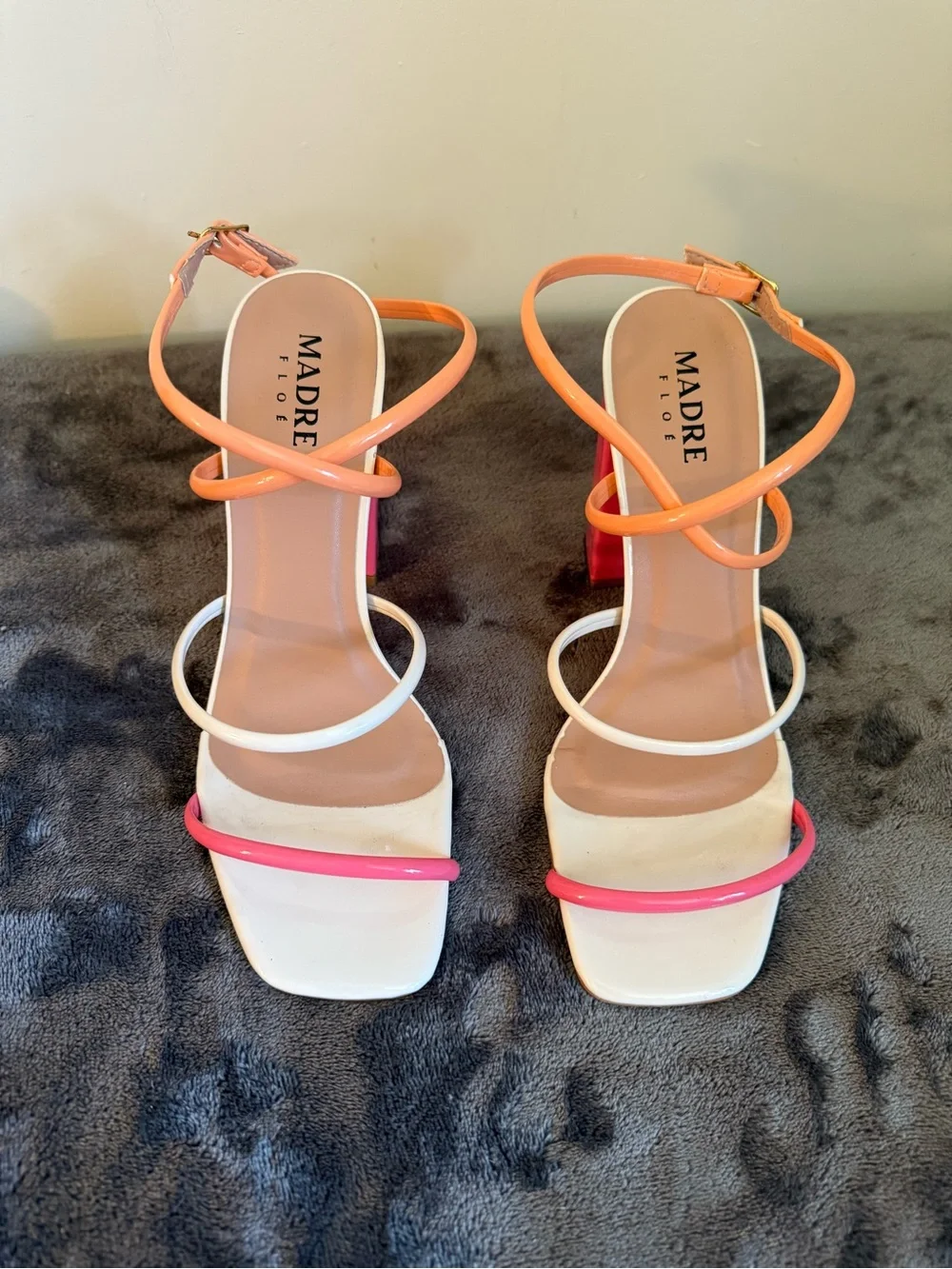 Madre Floe Multi-Color Strappy Block Heel Sandals - Orange/White/Pink